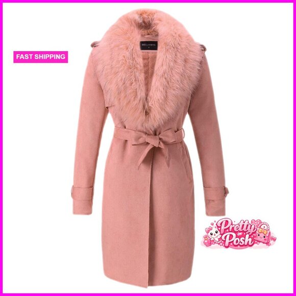 Jackets & Blazers - Faux Leather Trench Coat Fleece-Lined with Detachable Fur Collar